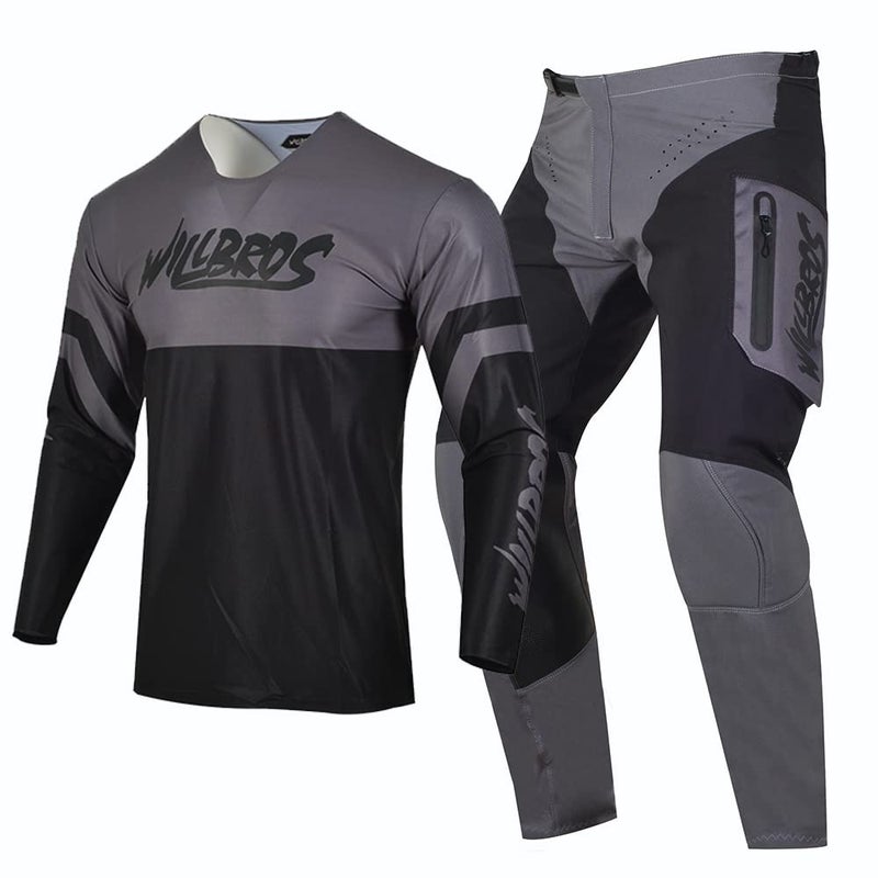 Willbros Motocross Jersey and Pants Combo Mens Offroad Dirt Bike MX Gear Set Riding Protective Suit Black Grey Jersey XXL Pants 38